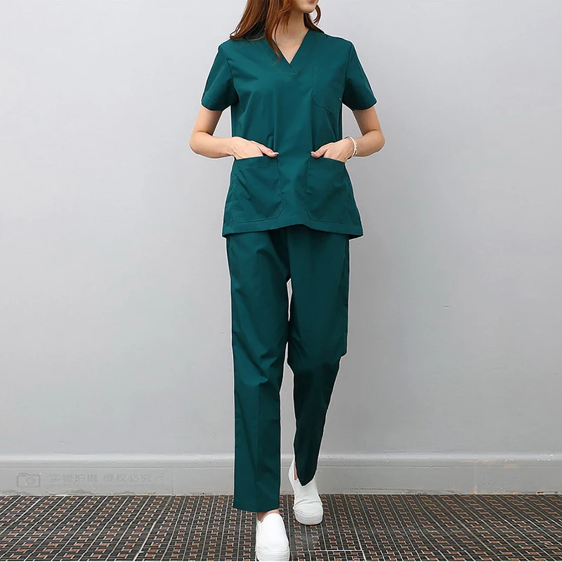 Medical Uniform Workwear Clothes Health Workers Tops Pants Beauty Salon Scrub Uniforms Scrubs Set Short Sleeve V-neck Uniform Coat