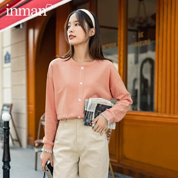 

INMAN 2020 Autumn New Arrival Women Female Elegant Style Baseball Collar Decoration Button Comfortable Soft Short Girl Sweatshir