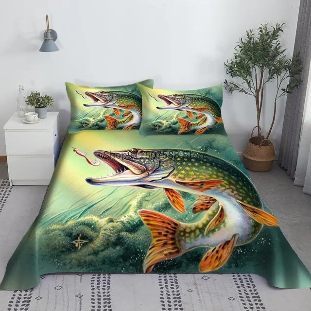 Vivid Fish Bed Sheet Set 3D Printed Polyester Green Bed Flat Sheet With  Pillowcase Bed Linen For Children Adult King Queen Size