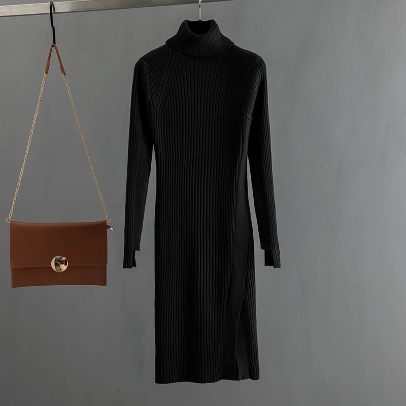 Black YY3988 ONLYSVTER/Зимний толстый теплый длинный вязаный свитер Макси-Платье, пуловер с высоким воротом, платье миди, облегающее платье для вечеринок - Цвет: Black YY3988