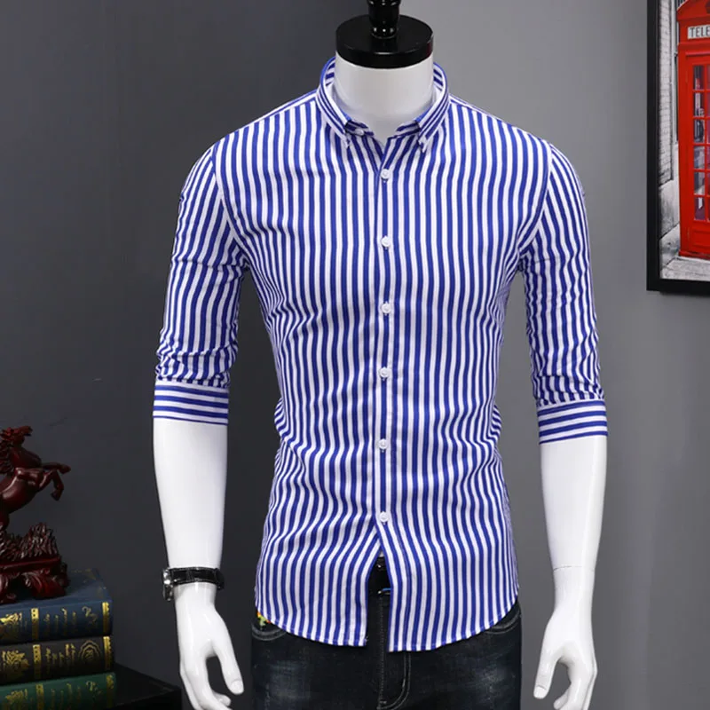 Европейская летняя мужская рубашка тонкий короткий рукав полосатый Slim Fit рубашки мужские повседневные Модные уличные Camisa Masculina брендовая