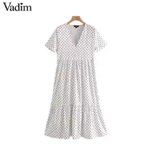 Vadim женское платье миди в белый горошек с v-образным вырезом и принтом Короткие рукава женские повседневные Прямые Платья Летние шикарные до середины икры vestidos QC571