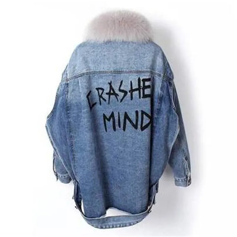 real fur coat Winter Jacket Women Coat Real fox Fur lined denim jacket Parka back letter print