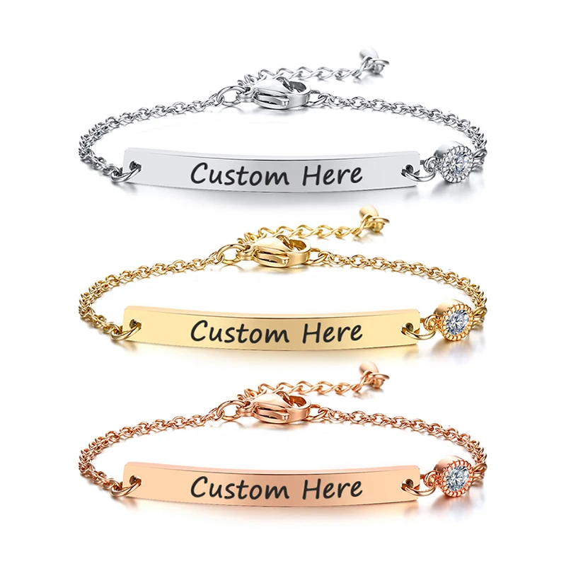 

Women Custom Name Chain Bracelet With Bling AAA Zirconia Stainless Steel Bar Bangles Jewelry For Girl Lady Lovers Gift