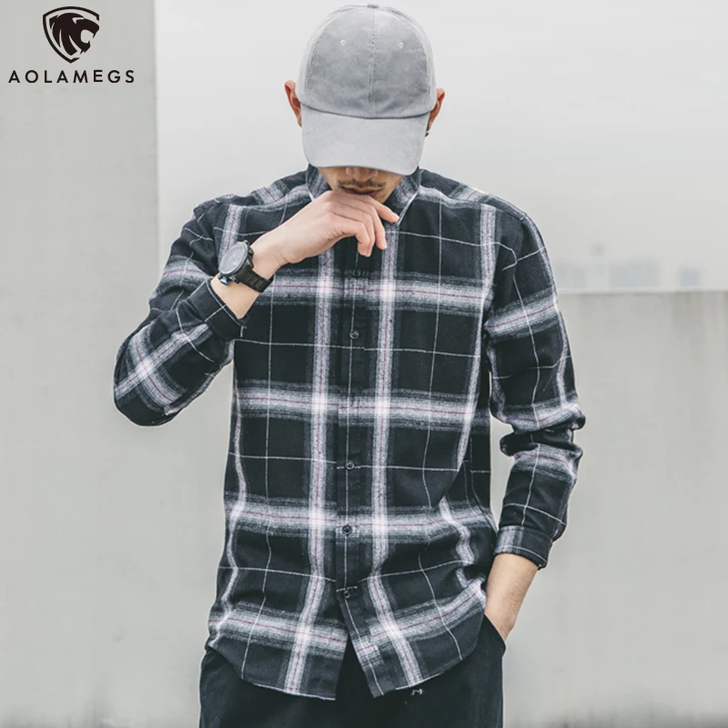 

Aolamegs Long Sleeve Shirt Men Plaid Shirt Turn-down Collar Shirts Male Vintage Breasted Casual Fashion Hip Hop Streetwear M-5XL