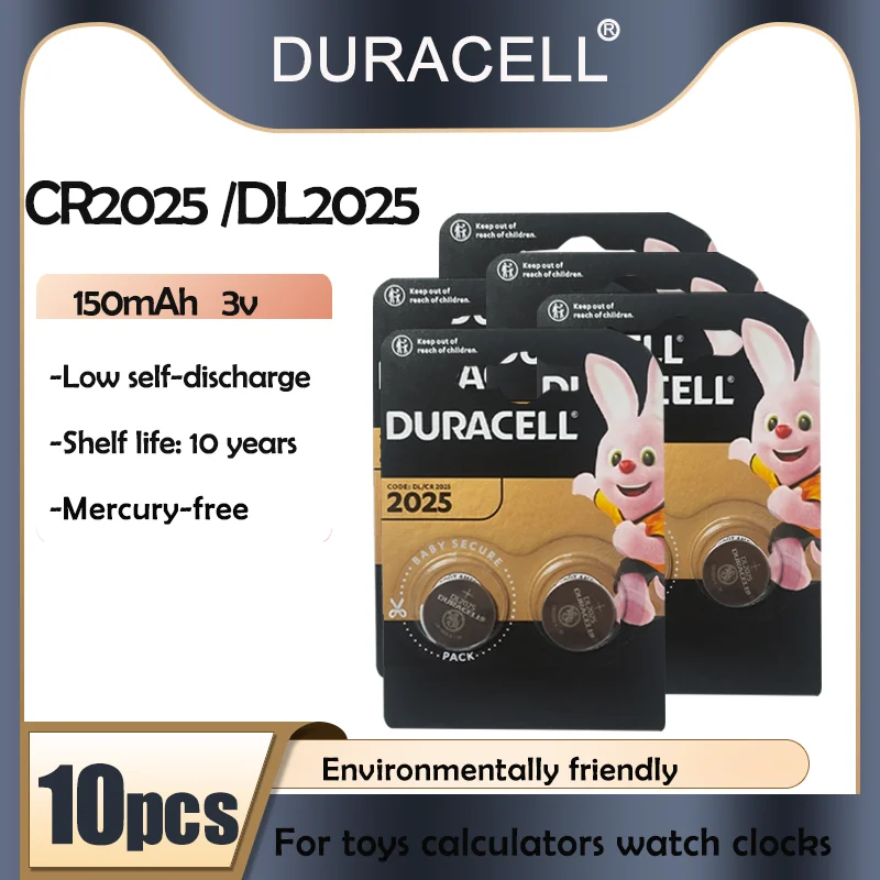 10 шт. оригинальные литиевые батареи DURACELL CR2025 DL2025 DLCR2025 ECR2025 GPCR2025 150 мАч 3 в для часов