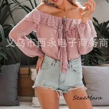 

Spring Casual Elegant Women Dot Slim Tops Fashion Slash Neck Lantern Sleeves Ruffles T-shirts