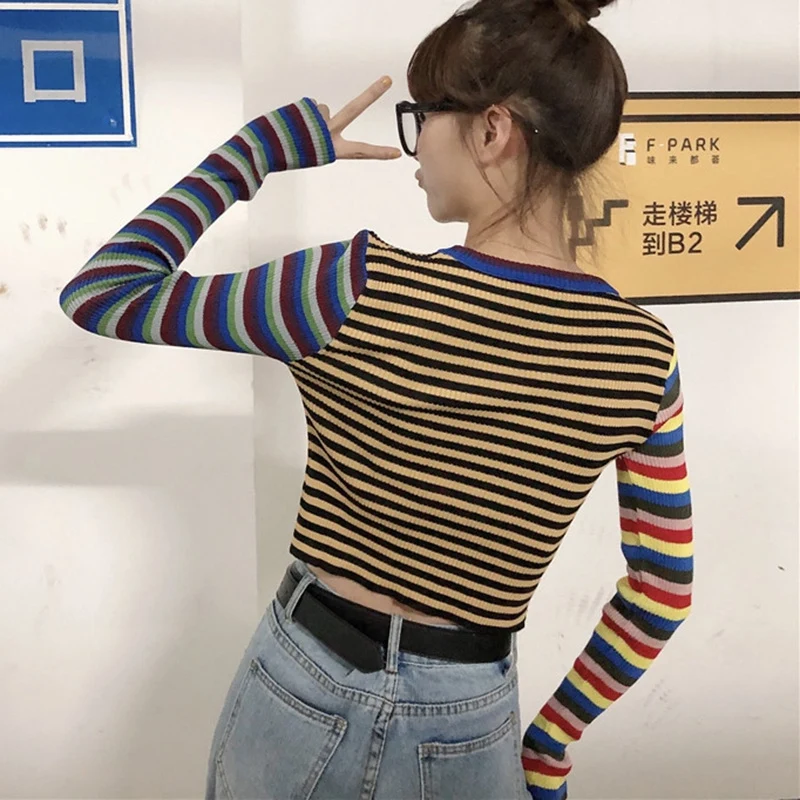 

ETOSELL Women Striped Knitted Tee-Shirt Slim Short O-Neck Tees Female Crop Tops Long Sleeve Rainbow Striped Casual Shirts