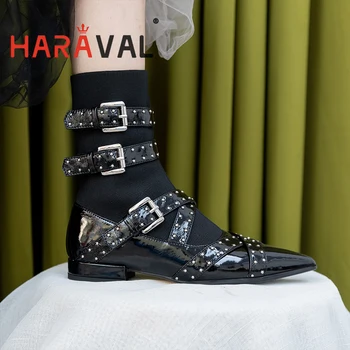 

HARAVAL 2020 Punk Pointed Toe Sexy Womne Ankle Boots Black Buckle Strirch Leather Shoes For Lady Fashion Rivet Winter ShoesE195L
