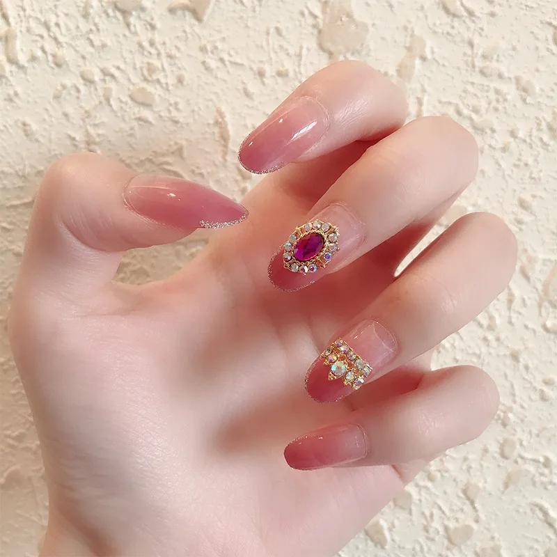 

Girls Sweet Jelly Gradient Pink Long False Nail Art Stickers with Rhinestone 24pcs Crystal Decorate Design Detachable Fake Nail