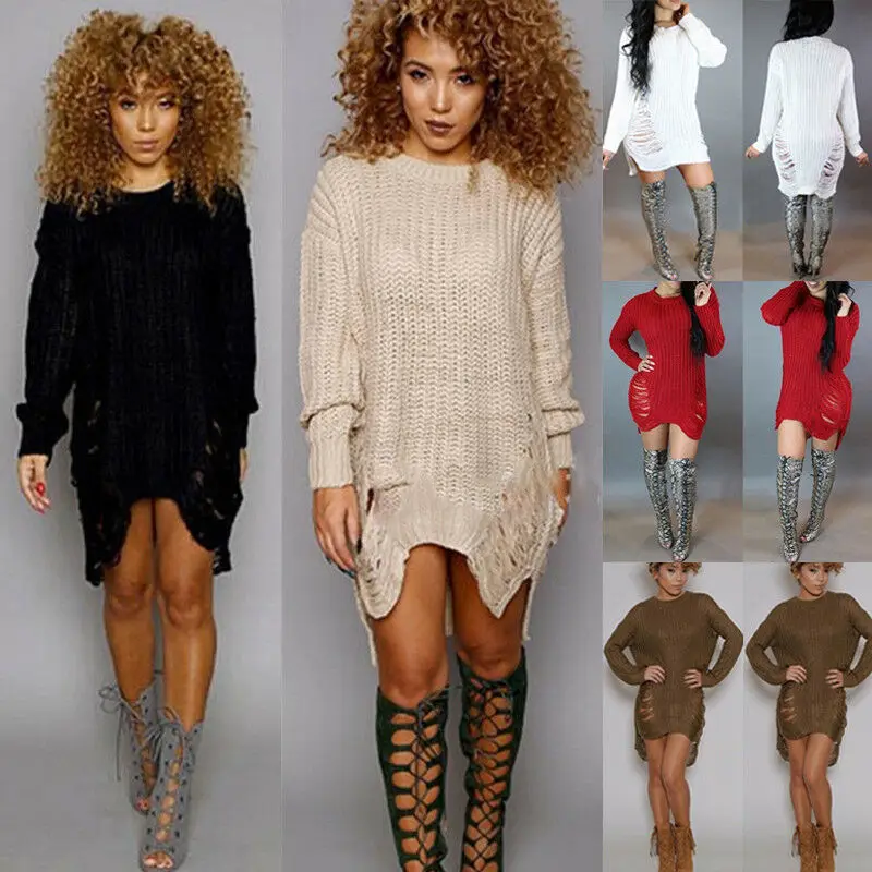 Женский свитер, платье, зимние теплые свитера с длинным рукавом, топ из флиса, рваные длинные свитера, свободные Необычные пуловеры
