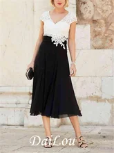 A-Line Mother of the Bride Dress Plus Size Plunging Neck Tea Length Chiffon Lace Short Sleeve with Appliques 2021