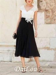 A-Line Mother of the Bride Dress Plus Size Plunging Neck Tea Length Chiffon Lace Short Sleeve with Appliques 2021