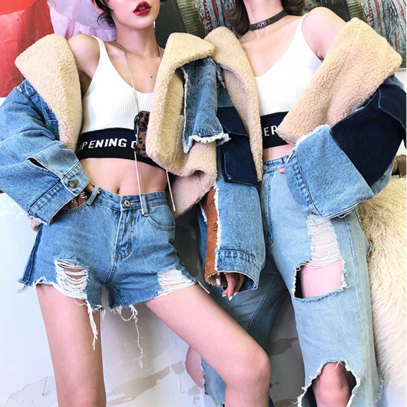 

Leisure Full Sleeve Wide Waisted Open Stitch Turn Down Collar Women Patchwork Loose Denim Jacket 2019 Autumn New L472