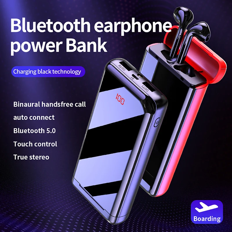 10000 мАч Зарядное устройство беспроводной Bluetooth наушники 6D стерео двойной микрофон Спортивные Беспроводные наушники внешний аккумулятор для Iphone samsung