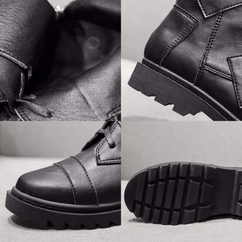 [DEAT] Round Toe Bandage Spliced Causal Personality Pu Leather Single Women Short Boots New Autumn Winter Fashion 10E951