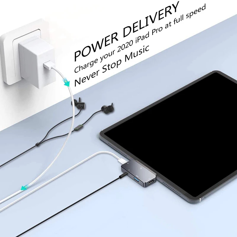 USB C Hub for iPad Pro 11 12 9 2020 2018 Adapter 4 In 1 Adapter with Aux 3 5mm Headphone Data Jack