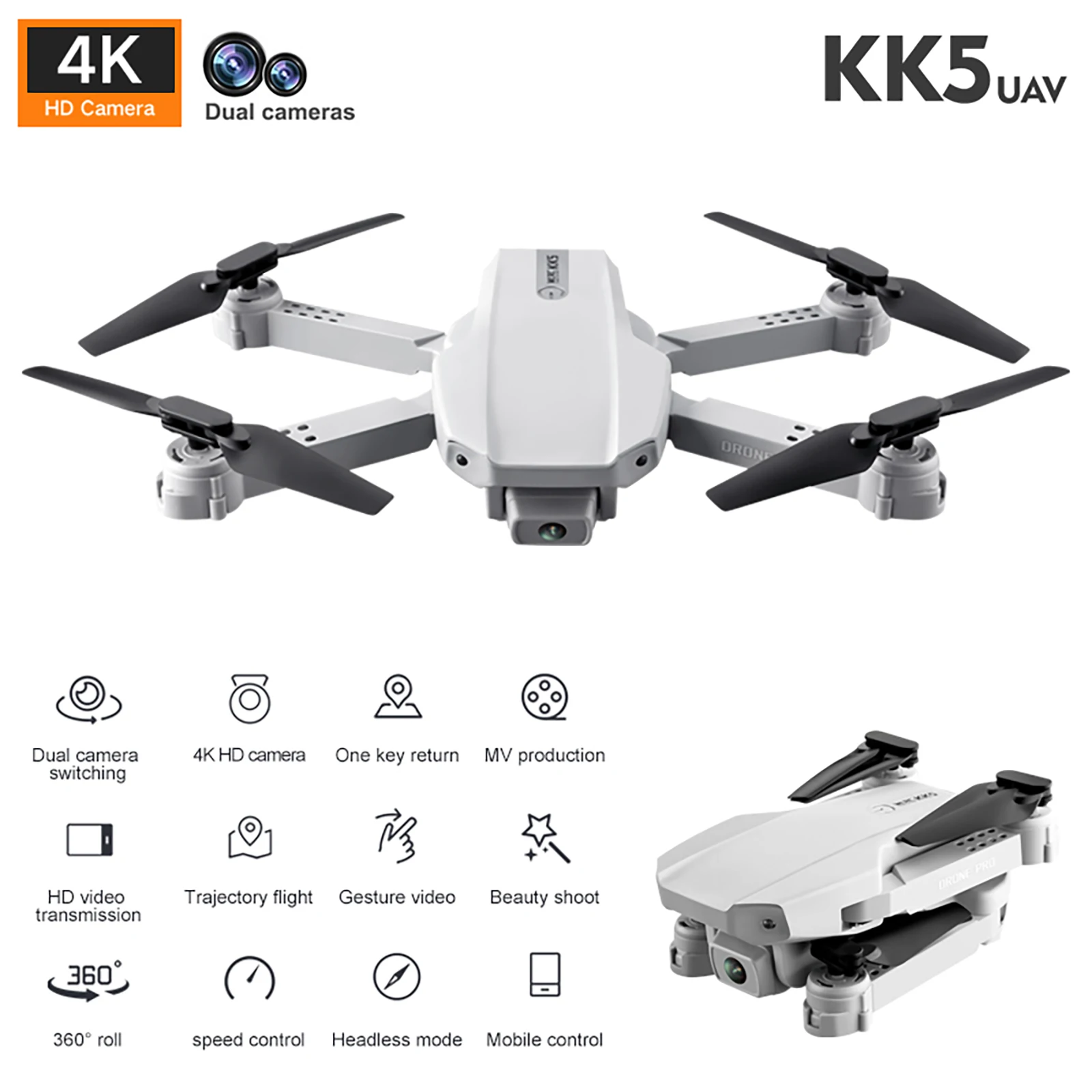Квадрокоптер KK5 складной с двойной камерой 4K Hd и поддержкой Wi-Fi | Электроника