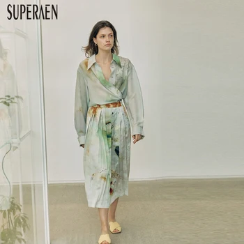 

SuperAen Europe Fashion Women's Sets Summer and Spring New 2020 Long Sleeve Shirts Women Print Casual Pleated Skirt Female