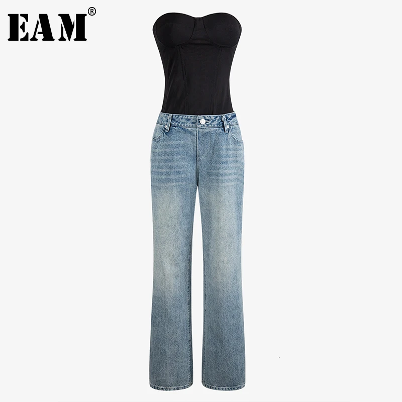 

[EAM] High Waist Blue Long Strap Split Wide Leg Denim Trousers New Loose Fit Pants Women Fashion Tide Spring Autumn 2020 1N075