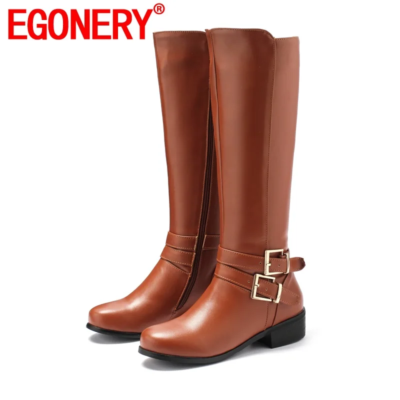 

EGONERY cool knee high boots Buckle zipper winter autumn brown black warm plush 4.5cm mid heels women's shoes drop shipping