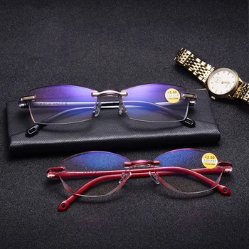 

Alloy Frameless Anti-blue Light Reading Glasses Men Diamond-cut Presbyopic Glasses Women Finished Glasses PC TR90 Gafas +150