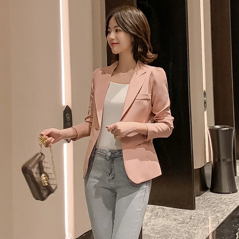 Skin pink PEONFLY блейзеры женские новые осенний костюм куртка Женский офисный костюм для дам черный однокнопочный деловой блейзер с вырезом пальто - Цвет: Skin pink