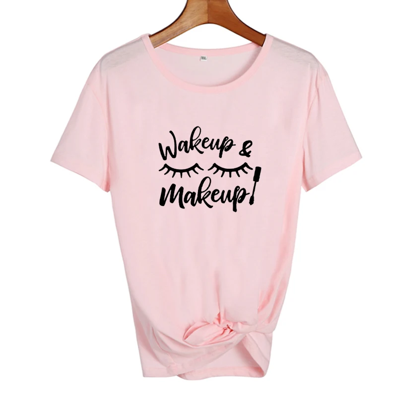 Женская уличная футболка с принтом Wakeup and Makeup Tumblr Белая Летняя Ulzzang Harajuku Vetement Femme
