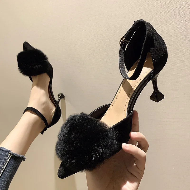

733-15 Trend Women's Thin Heeled High Heel Shoes Autumn New Style Fashion Shoes Hallow Belt Buckle A- line mao mao mao Heel Shoe