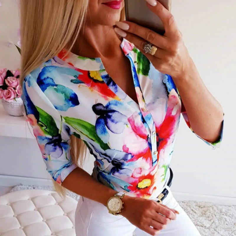 red blue flower Fanbety, женская блузка на пуговицах с регулируемым рукавом и цепочками, с принтом ананаса, рубашки для женщин, элегантный топ для отдыха, сексуальный топ с v-образным вырезом, базовые Блузы - Цвет: red blue flower