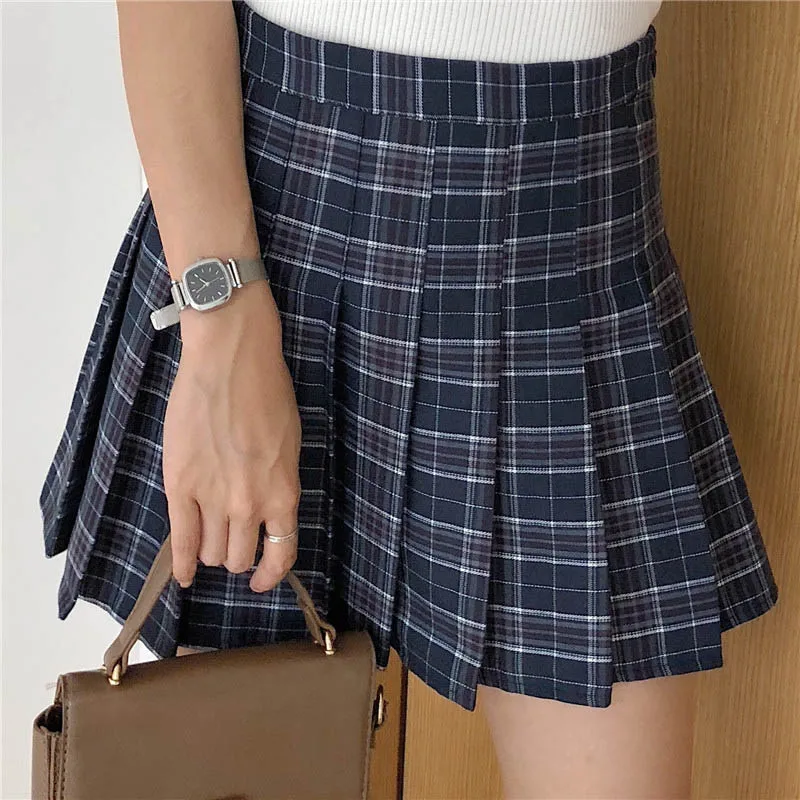 Navy plaid XS-3XL, Женская юбка, элегантный дизайн, высокая талия, шикарная, прошитая, юбки, летняя, Студенческая, плиссированная юбка, для женщин, милая, милая, для девушек, юбка для танцев - Цвет: Navy plaid
