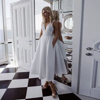 Jiayigong A Line Satin Wedding Dress Sexy V Neck Sleeveless Open Back Tea Length Bridal Gown wiht Pockets Vestidos De Novia 1