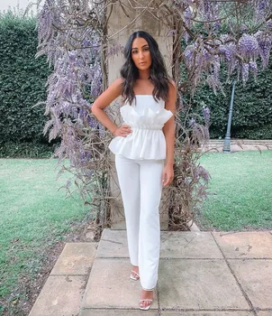 

2020 summer new women's white bandage jumpsuit sexy strapless frill ruffled jumpsuit fashion celebrity club elegant jumpsuit