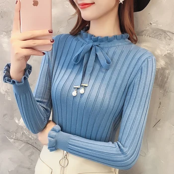 

2019 Fashion Knitted Pullovers Sweates Women Solid Long Sleeve Autumn Winter Sweater Female Korean Petal Sleeve Bead Top Womens