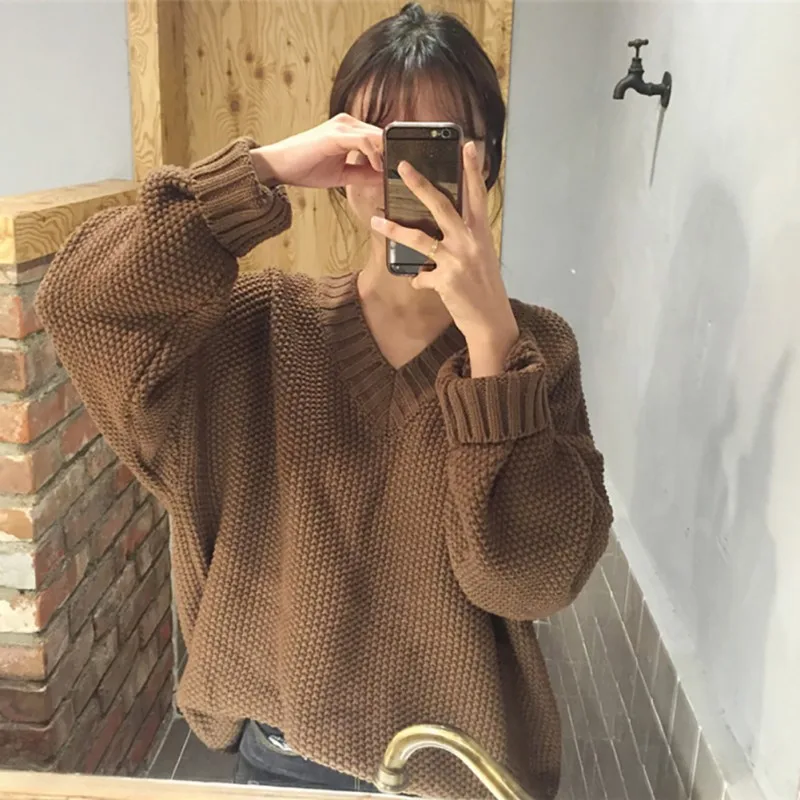 Autumn Winter Thick Warm Sweater Women Korean Style V-Neck Long Sleeve Pullover Casual Loose solid knitted Jumper Sweaters Autumn Winter Thick Warm Sweater Women Korean Style V-Neck Long Sleeve Pullover Casual Loose solid knitted Jumper Sweaters