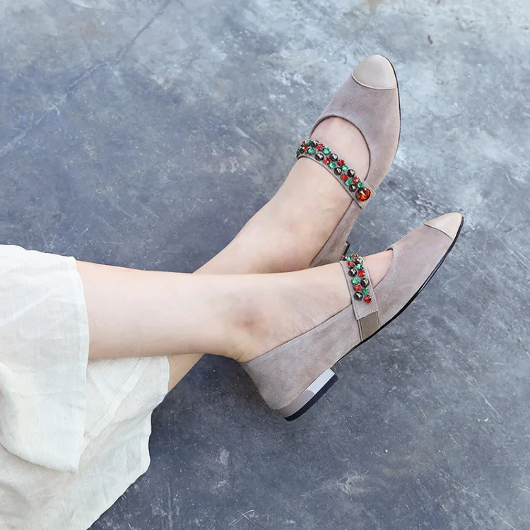 

Retro Mary Jane Shoes Women's Genuine Leather Low-Cut WOMEN'S Flat Shoes Autumn New Style Fashion Man-made Diamond A- line with