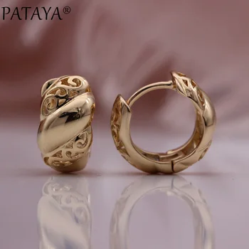 PATAYA New Small Circle Earrings 585 Rose Gold Women Wedding Party Fashion Jewelry Fine Trendy Gift Hollow Glossy Dangle Earring