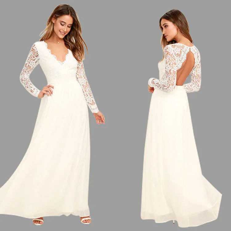 

2018 Europe And America Foreign Trade New Style WOMEN'S Dress Amazon Hot Selling High-End Lace V-neck Long Sleeve Wedding Dress