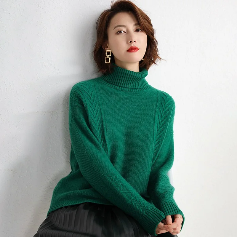 High Fold-down Collar Sweater Women's Loose-Fit Pullover Long-Sleeve Base Sweater Cable-Cool Mid-length Cashmere Sweater