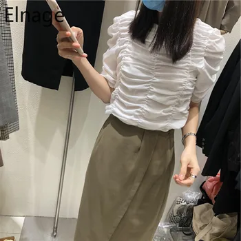 

Elnage Solid Short Sleeved T-shirt for Women Pleated Spring 2020 New Korean Slim Waist High Elastic Summer Tops Ropa Mujer 5A293