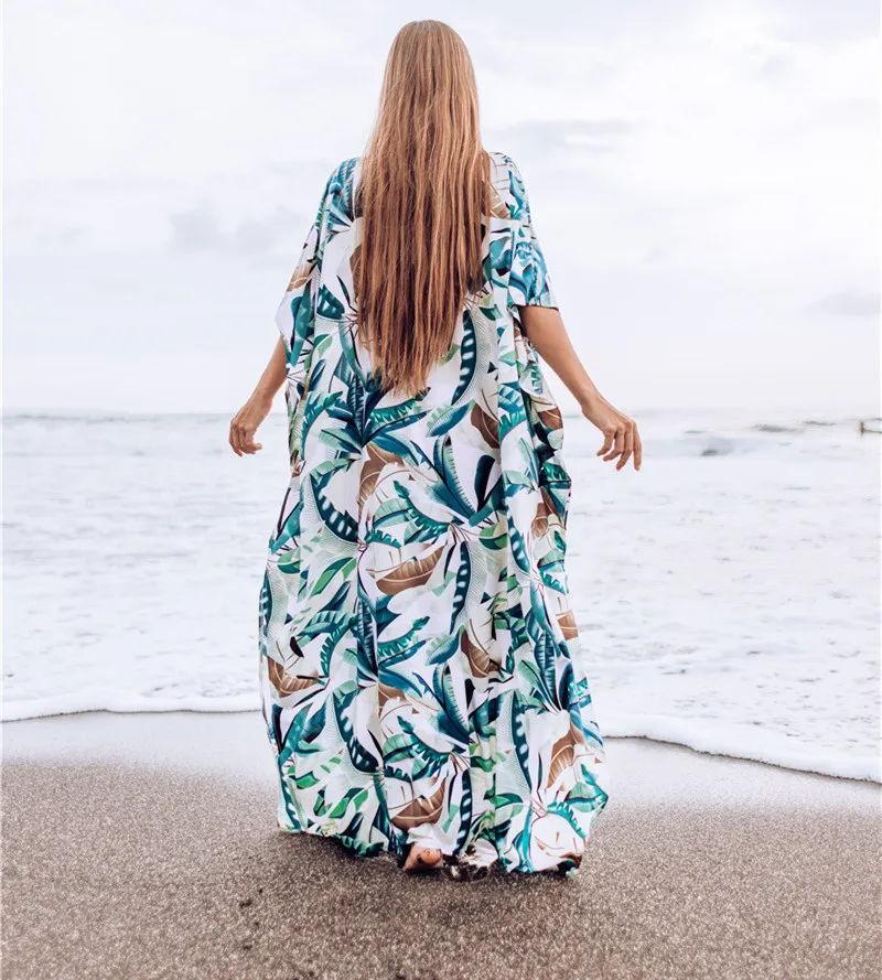 Bohemian Leaves Printed Bikini Cover-ups Loose V-neck Summer Beach Dress Chiffon Tunic Women Beachwear Kaftan Swimsuit Cover Up