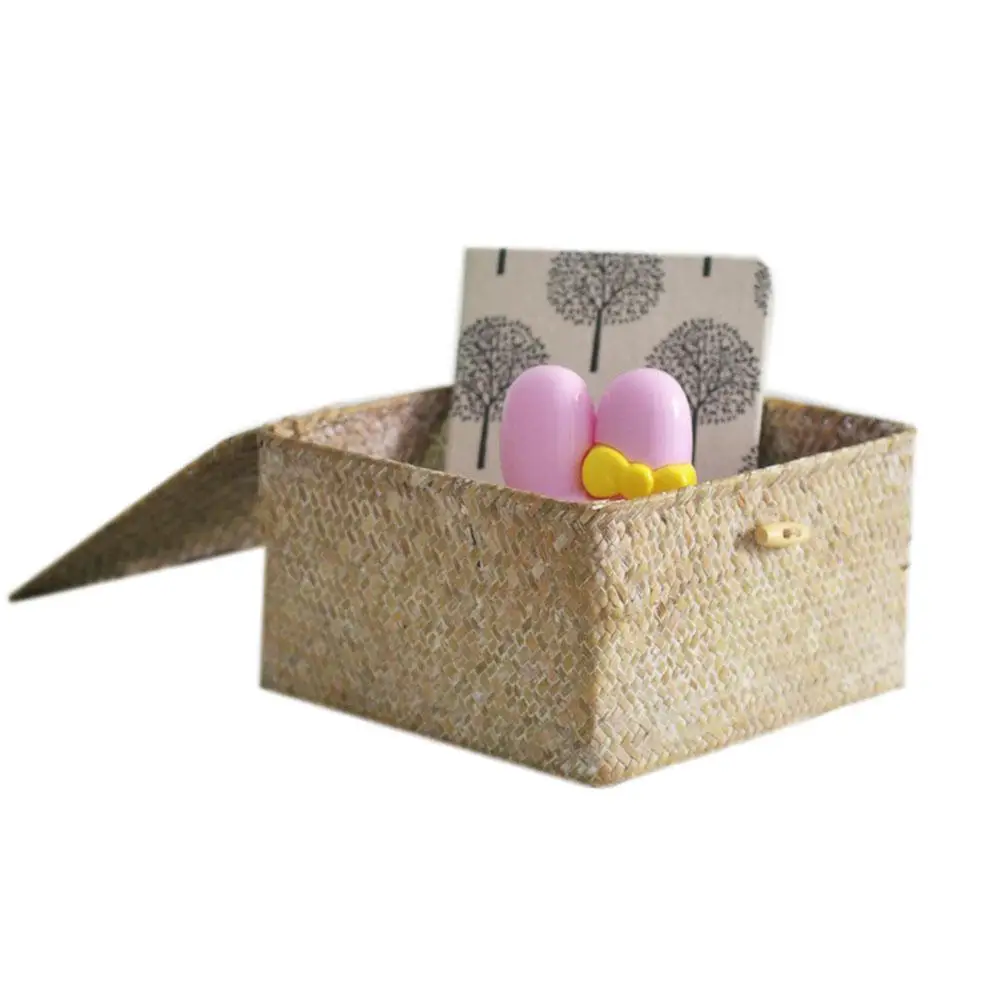 2Pcs Handmade Seaweed Woven Storage Box Dirty Clothes Flower Rattan Finishing Cosmetics Books Sundry Storage Basket with Lid