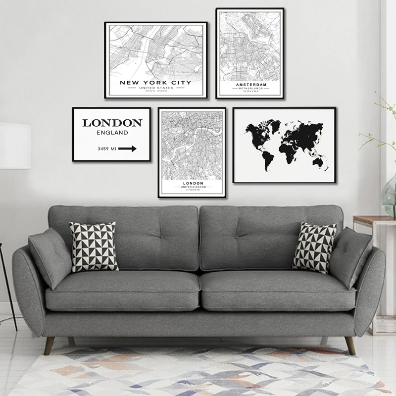 Mapa wiata Czarno Bia e P tno Malarstwo cienne Sztuki Nordic Plakaty