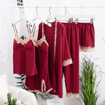 

Satin Silk Women's Robe Gown 5 Pieces Winter Autumn Sleepwear Sexy Lace Home Sleep Set Nightgown Female Nightwear Loungewear