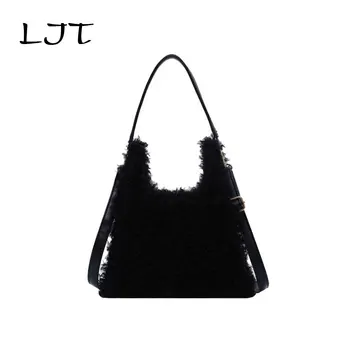 

2019 New Retro Cute Faux Fur Fashion Trapezoidal Portable Messenger Bag Simple Wild Solid Color Black Shoulder Underarm Bag