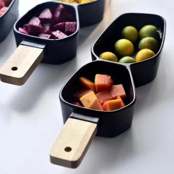 

Nordic Ceramic Food Tray Snack Plate 2 Grid Wooden Handle Fruit Salad Bowl Kitchen Tableware Dessert Storage Dish Table Decor