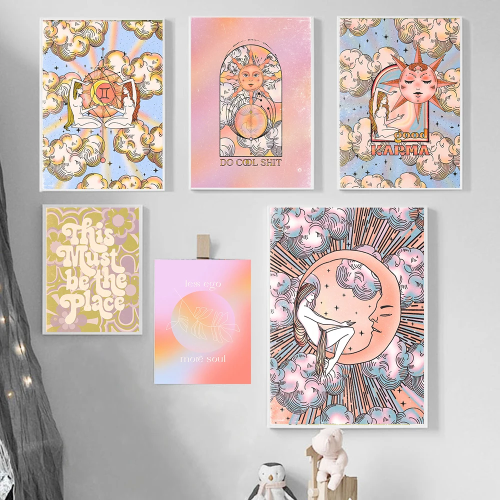 Бохо девушка Звезда Луна солнце богиня Холст Живопись Искусство скандинавские