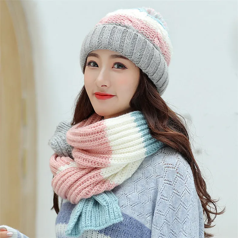 Pink Двухсекционная зимняя вязаная шапка ScarfWomen, бархатные шапки бини, женская теплая шерстяная шапка с помпонами, милые вязаные женские шапки с наушниками - Цвет: Pink