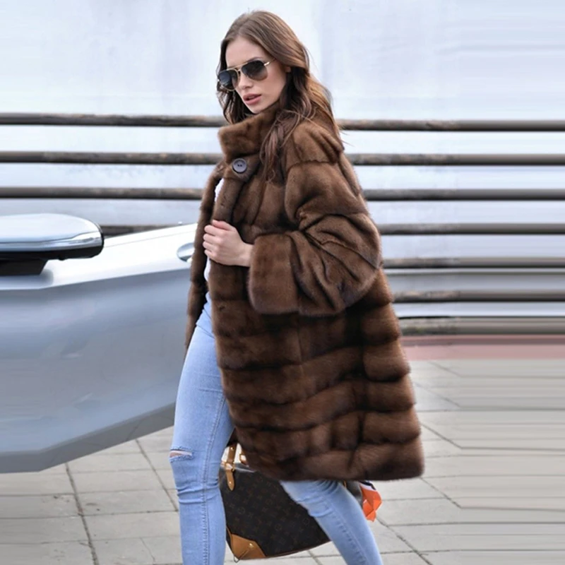 BFFUR Women's Real Mink Fur Coat Long Natural Full Pelt Genuine Mink Fur Coats Winter Warm Women Luxury Fur Jacket Outwear