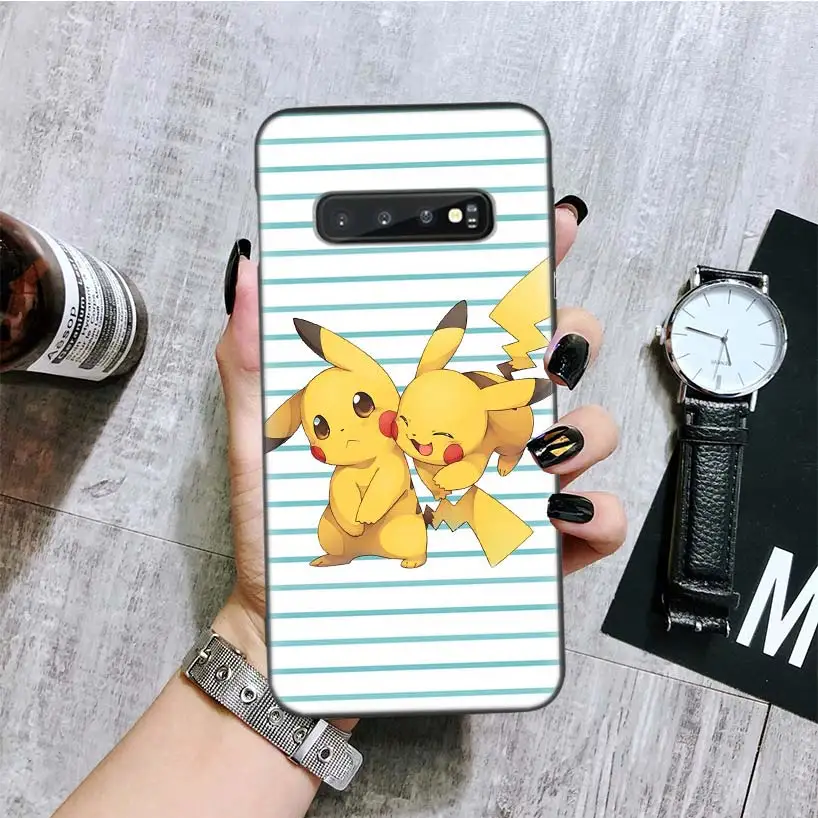 Pikachue Pocket Monsters Black Cover Phone Case for Samsung Galaxy S10+ Plus Lite Note 10 9 8 S9 S8 J4 J6+ Plus S7 S6 Edge Capa - Цвет: BA144-2